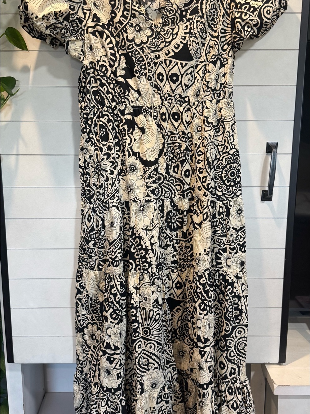 JODIFL Black and Cream Floral Paisley Tiered Maxi Dress